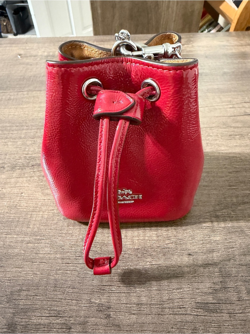 Coach Red Patent Leather Mini Drawstring Bucket Bag